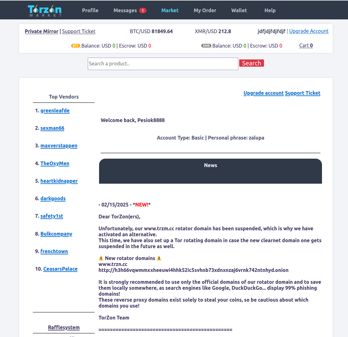 TorZon Market Homepage Interface